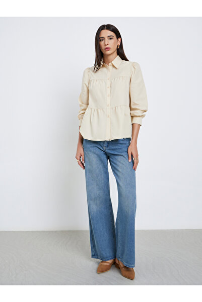 Take Two By Styli Beige Button Front Puff Sleeve Shirt