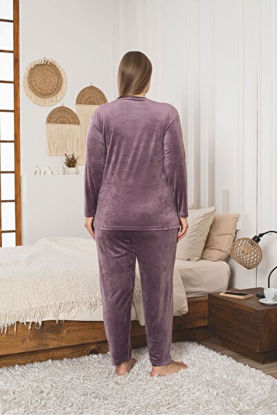 Asel Büyük Beden Lila Ultrasoft Kadife Uzun Kollu Pijama Takımı