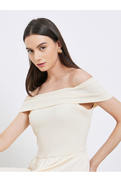 Take Two By Styli Beige Off Shoulder A-Line Midi Dress