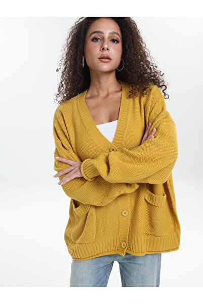 Take Two By Styli Plus Size Mustard Textured Knit Cardigan