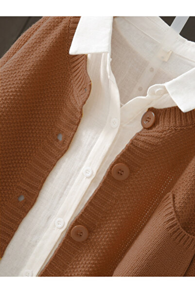 Take Two By Styli Plus Size Brown Button Front Knit Cardigan