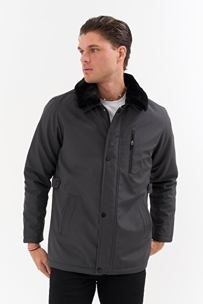 SİVAİST Men's Grey Detachable Collar Fur Water-Repellent Fur-Lined Coat – Windproof, Lightweight and Durable