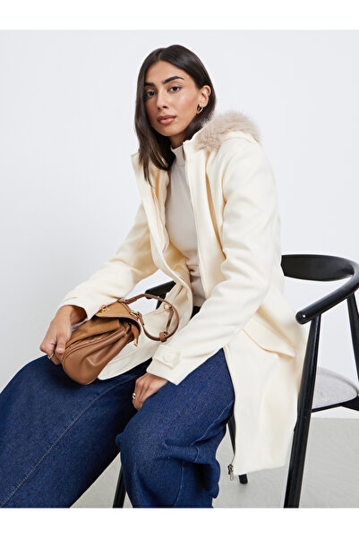 Styli Off White Longline Wool Like Coat with Faux Fur Trim