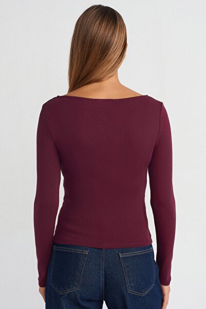Madmext Burgundy Boat Neck Long Sleeve Women's Top Body Mg2267