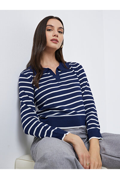 Take Two By Styli Navy Striped Polo Neck Sweater