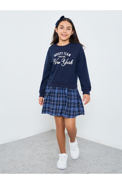 Styli Teen Navy Blue Varsity Sweatshirt Dress