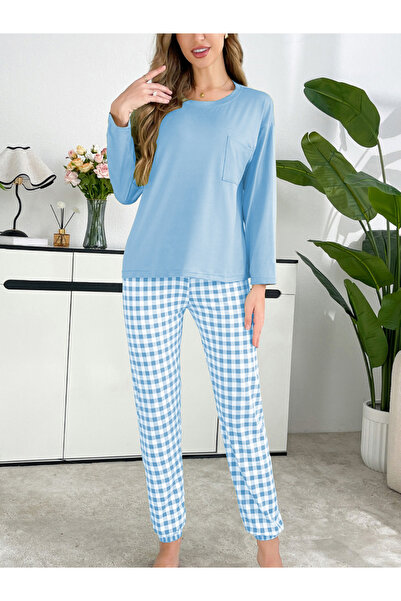 Take Two By Styli Blue Plain T-Shirt and Checked Pyjama Set