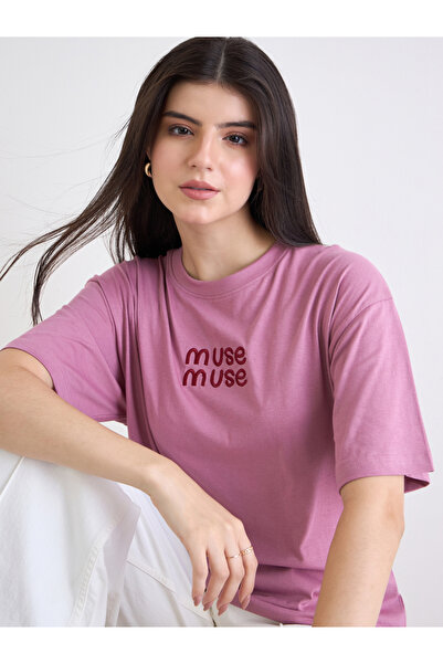 Styli Pink Embroidered Oversized T-Shirt