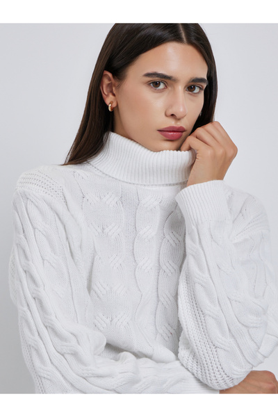 Take Two By Styli White Cable Knit Turtleneck Sweater