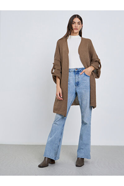 Styli Tan Brushed Yarn Longline Cardigan