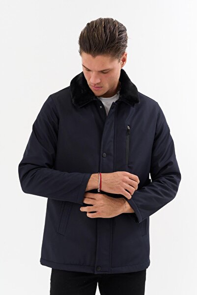 SİVAİST Men's Navy Blue Detachable Collar Fur-Lined Water-Repellent Coat with Fur Inside – Windproof, Lightweight and Da