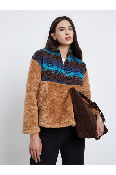 Take Two By Styli Printed Panel Furry Textured Sweatshirt