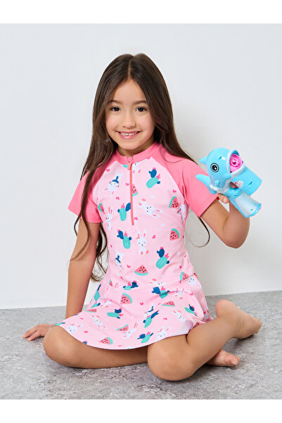 Styli طقم فستان سباحة وشورت بطبعة أرنب وردي للبنات