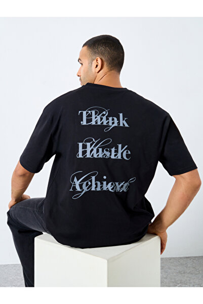 Styli Men Black Text Printed Oversized Jersey T-Shirt