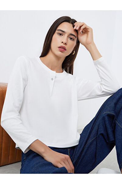 Take Two By Styli White Long Sleeve T-Shirt with Button Detail