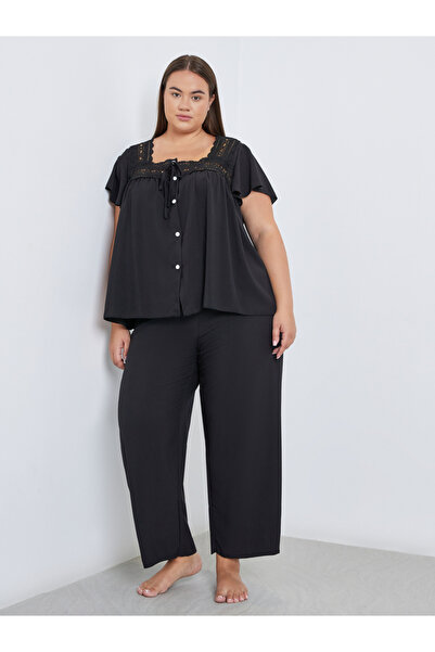 Styli Plus Black Lace Detail Top and Pyjama Set