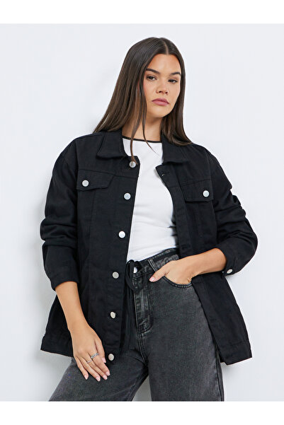 Styli جاكيت جينز أسود قصة فضفاضة للنساء