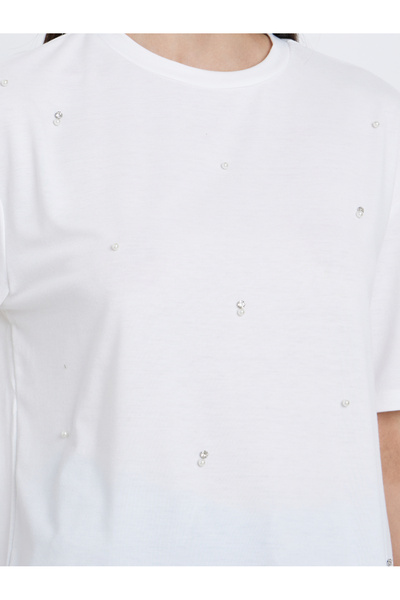 Styli White Embellished Round Neck T-Shirt