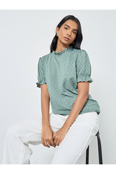 Take Two By Styli Green Textured Eyelet Puff Sleeve Blouse