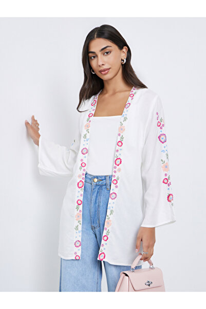 Styli Off White Regular Fit Embroidered Kimono