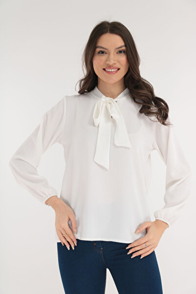 Trend Land Plain white blouse with scarf at the neckline