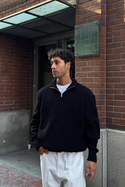 Flaw Wear Μαύρο πλεκτό πουλόβερ με μισό φερμουάρ