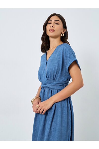 Take Two By Styli Blue Gathered Waist Midi Dress