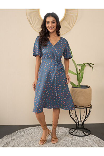 Stylestone By Styli Blue Polka Dot Print Wrap Knee Length Dress