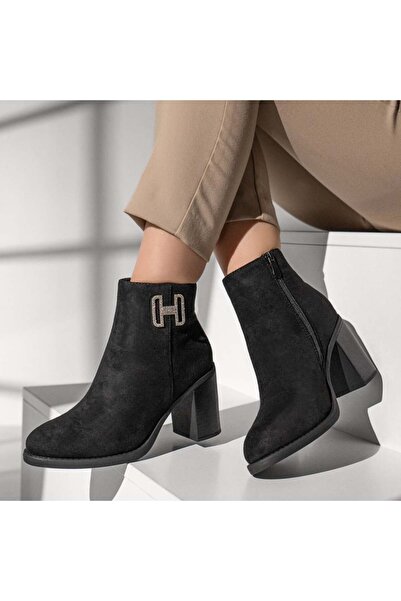 Modlet.ro Women's black suede thick-heel boots with zipper MOD12793