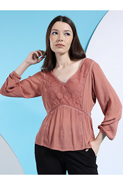 Freehand By Styli Women Pink Lace Insert Long Sleeve Top