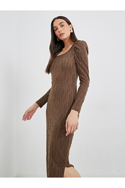 Take Two By Styli Textured Puff Sleeve Midi Dress