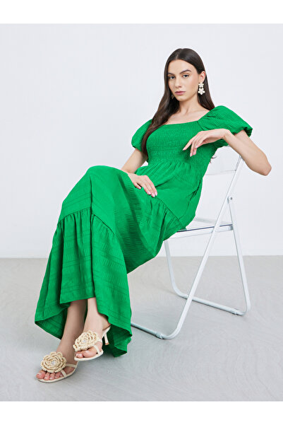 Take Two By Styli Green Puff Sleeve Tiered Midi Dress
