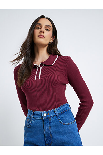 Styli Textured Ribbed Long Sleeve Polo Top