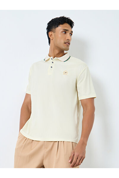 Styli Men Cream Embroidered Polo T-Shirt