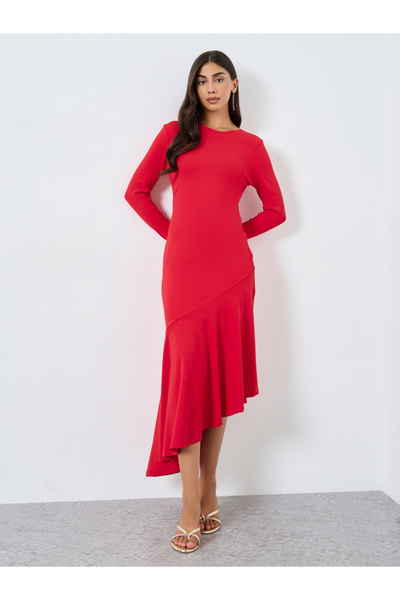 Take Two By Styli Solid Long Sleeve Asymmetric Hem Midi Dress