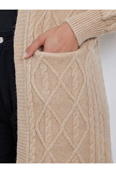Take Two By Styli Beige Knitted Knee Length Cardigan Sweater