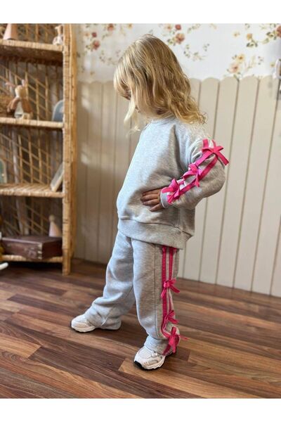 CANSU BUTİK Girl's Gray Long Two-Piece Set with Bow on the Edge