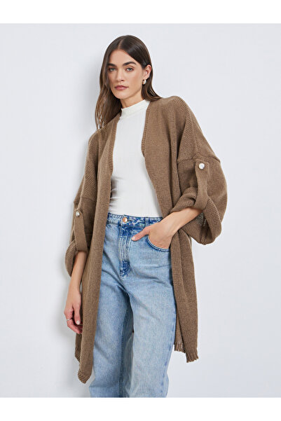 Styli Tan Brushed Yarn Longline Cardigan
