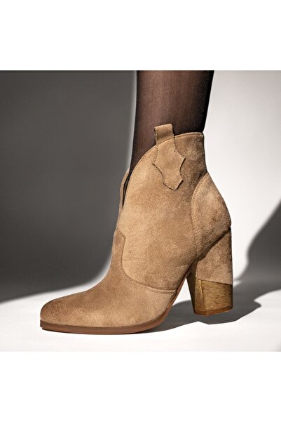 Modlet.ro Women's khaki suede thick-heeled ankle boots with zipper MOD12639