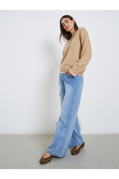 Styli Beige V-Neck Knitted Sweater