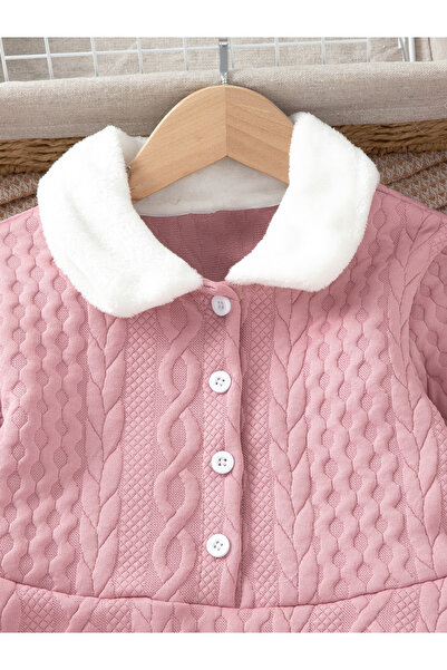 Take Two By Styli Girls Pink Cable Knit Long Sleeve Dress