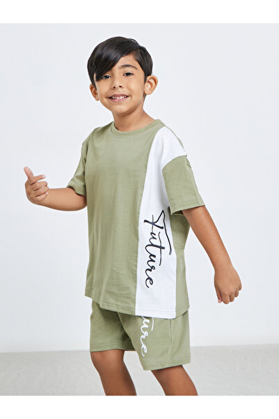 Styli Boys Khaki Color Block T-Shirt and Shorts Set