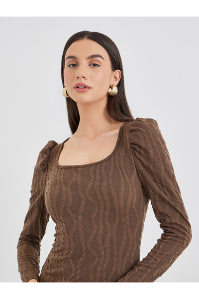 Take Two By Styli Textured Puff Sleeve Midi Dress