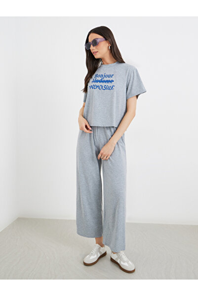 Take Two By Styli Women Grey Slogan Print T-Shirt and Joggers Co-Ords