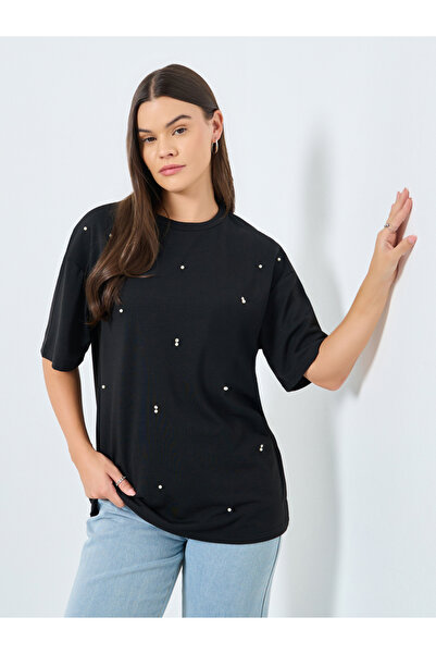 Styli تي شيرت أسود مزخرف برقبة دائرية