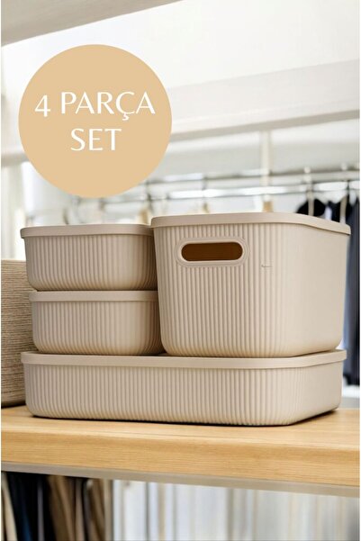 Bayev 4 Parça Colores Krem Dolap İçi Düzenleyici Kapaklı Kutu Ofis Çorap Kıya...