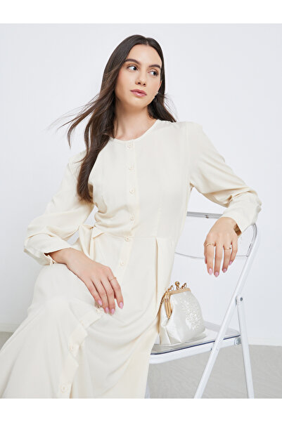 Take Two By Styli Beige Pleated Buttoned A-Line Midi Dress