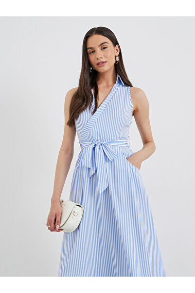 Take Two By Styli Striped Wrap Midi Dress with Waist Tie