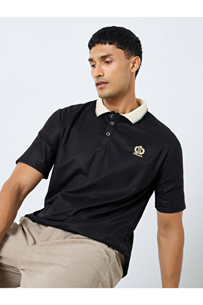 Styli تي شيرت بولو رجالي مطرز باللون الأسود