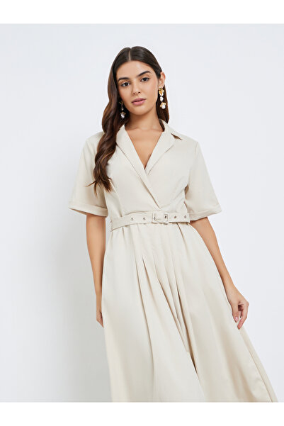 Styli Notch Lapel Belted A-Line Maxi Dress